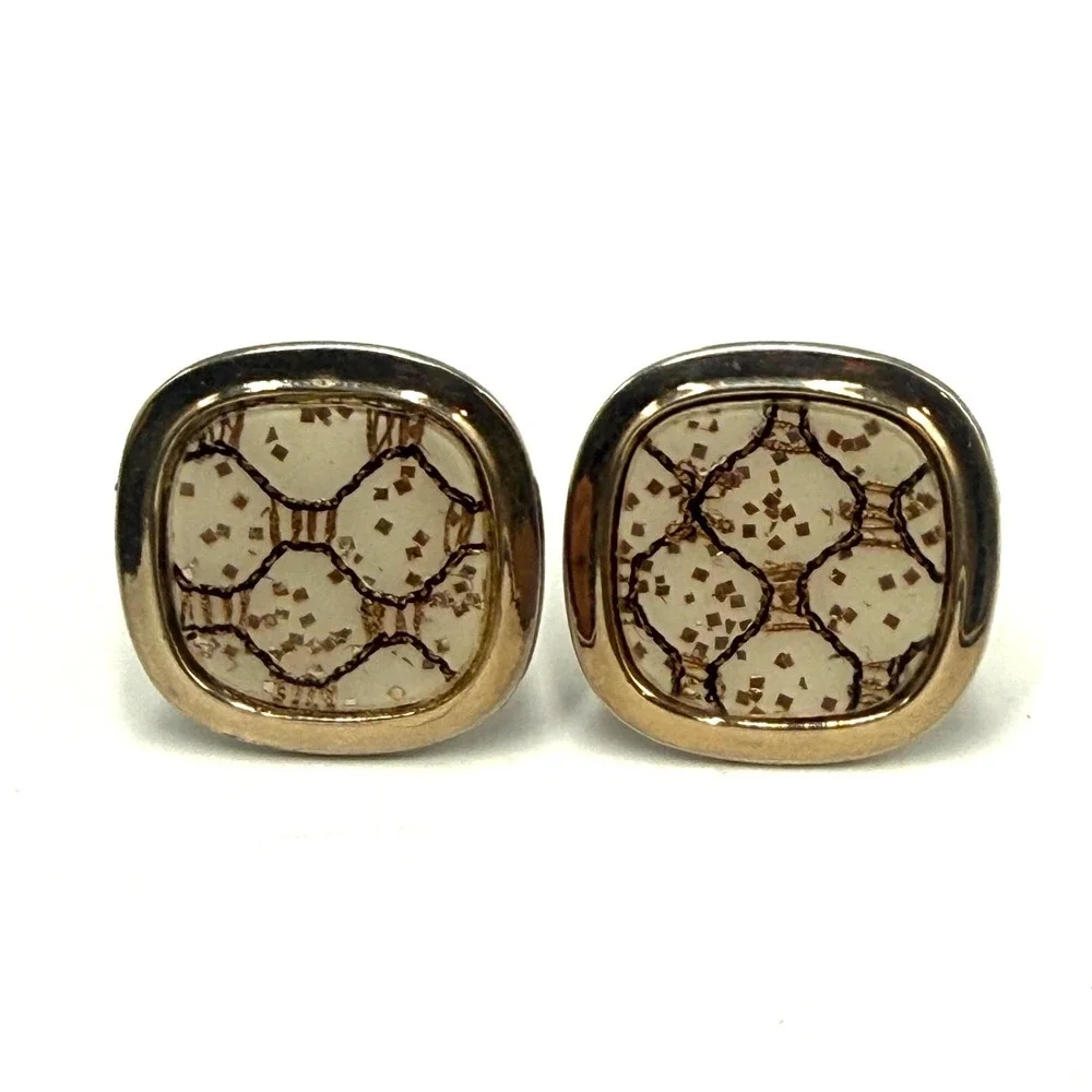 Vintage Gold Tone Confetti Mesh Square Cushion Cufflinks Retro Formal Accessory